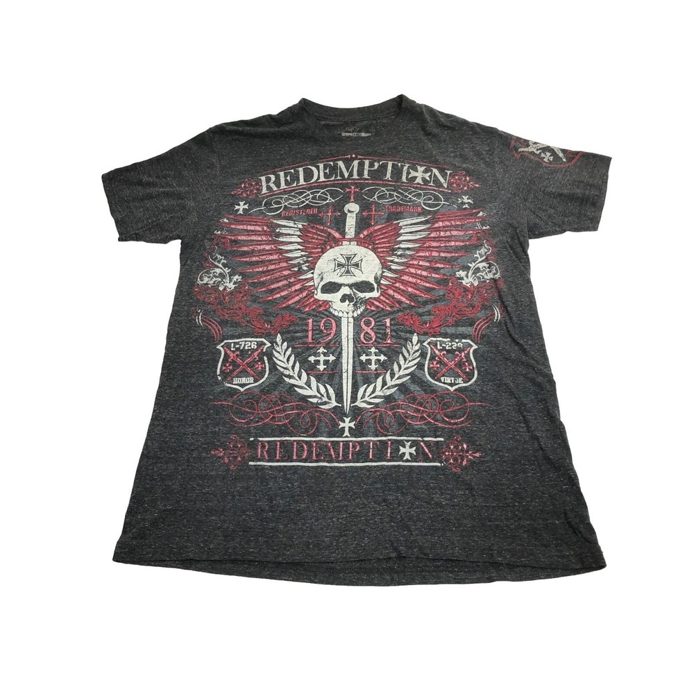 Raw State Redemption T-Shirt Size Large Red & Dark Gray Grunge Affliction